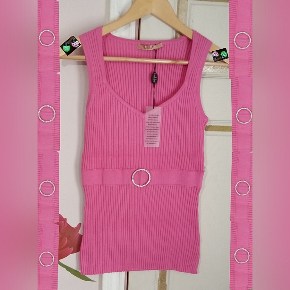 BELLDINI🐞Pink Ribbed Knit Sweater Vest with Rhinestone Belted